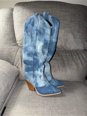 Blue Tie-Dye Denim Knee-High Western Boots